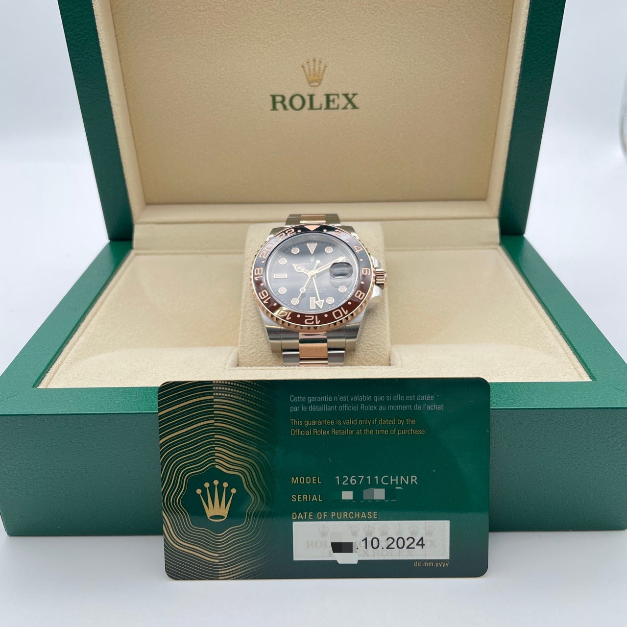 사전 소유 롤렉스 GMT 마스터 II 126711CHNR 검은 스테인레스 스틸 X 에버 로즈 골드 굴 팔찌 40mm