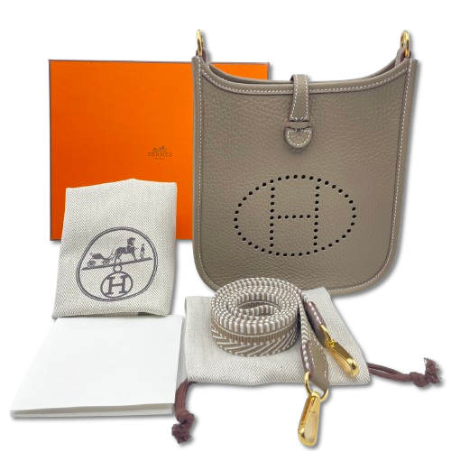 Pre-Owned Hermes Mini Evelyn TPM Etoupe Torillon Clemence Gold Hardware W Engraved