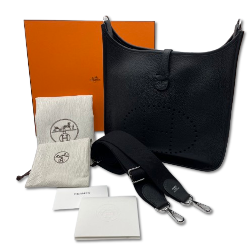 Pre-owned Hermes Evelyn PM Noir Taurillon Clemence Silver hardware K stamp