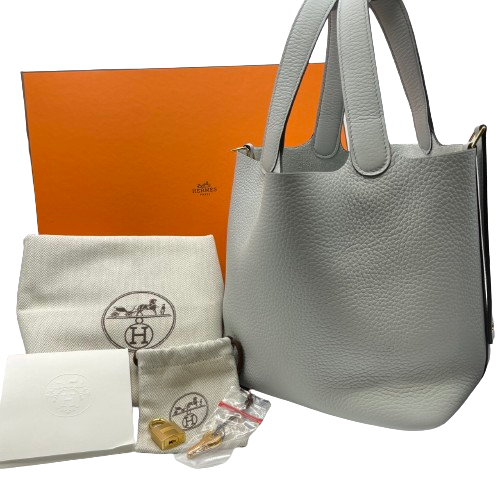 愛馬仕picotin鎖毫米藍色蒼白Torillon Clemence Gold Hardware w刻有