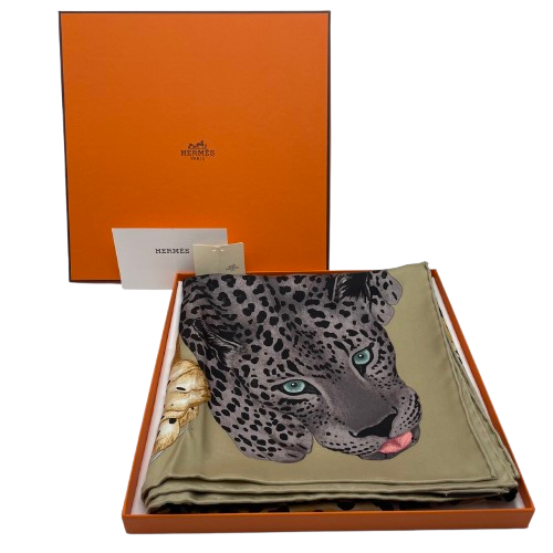 プレオウンド エルメス カレ 90 LAZY LEOPARDESSE レイジーレオパード ベージュ シルク100%