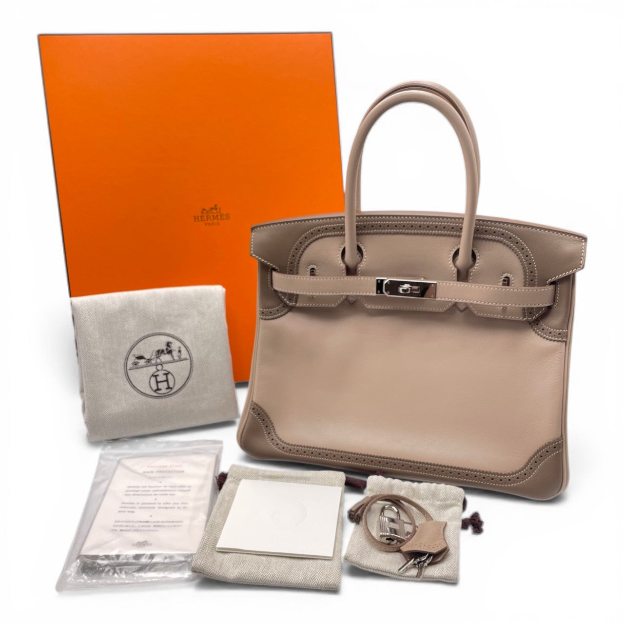 プレオウンドエルメス バーキン ギリーズ 30 アルジル/エトゥープ スイフト シルバー金具 □P刻印