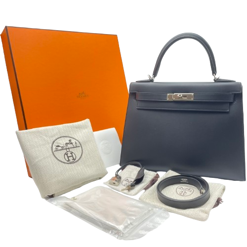 [Cash Price] Hermes Kelly 28 Noir Sombrero Silver Fittings A Engraved