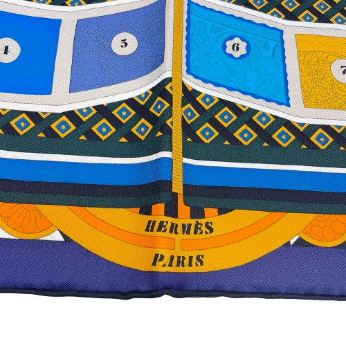 エルメス カレ 90 Le Tour du Monde en 63 Cases marine/orange/bleu スカーフ シルク