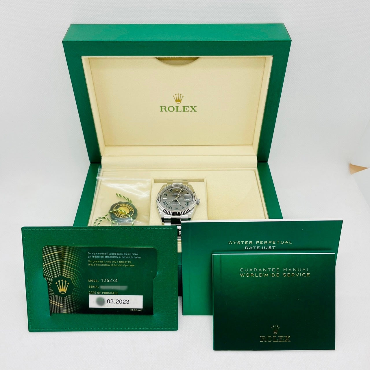 사전 소유의 롤렉스 데이트 주목 126234 슬레이트 로마 굴 팔찌 36mm