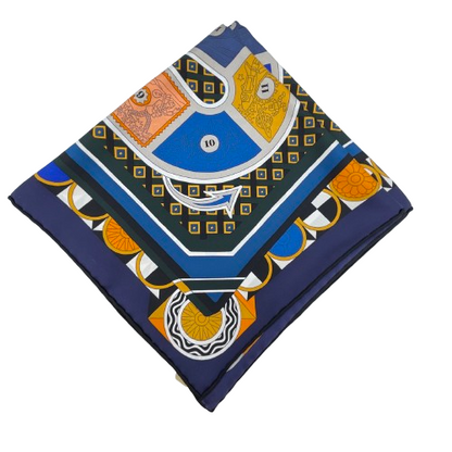 エルメス カレ 90 Le Tour du Monde en 63 Cases marine/orange/bleu スカーフ シルク