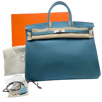 Pre-Owned Hermes Birkin 40 New Blue Gene Togo Silver Metal Fittings W Engraved