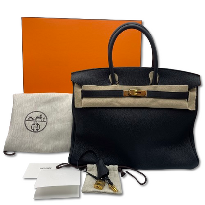 Hermes Birkin 35 누아르 토고 골드 ​​하드웨어 B가 새겨 져 있습니다