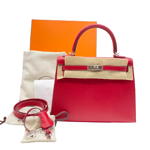 Pre-Owned Hermes Kelly 25 Serie Verso Rouge Pimant/Rose Shocking Vauge Epson Silver Fittings B Engraved