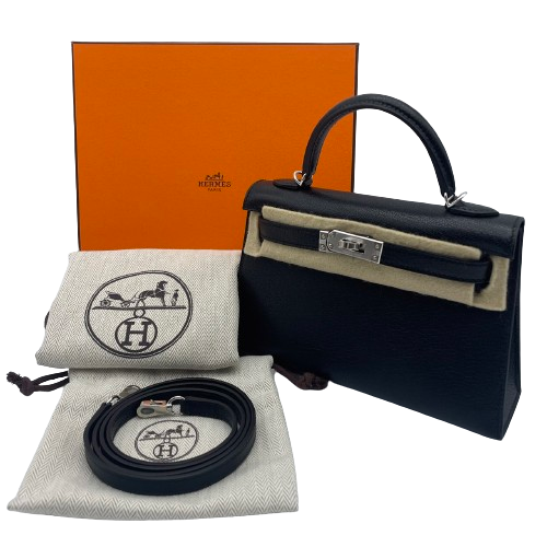 [Cash Price] Hermes Mini Kelly 2 Noir Chevre Silver Metal Fittings U Engraved