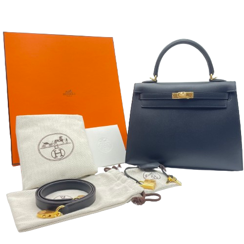 사전 소유 [현금 가격] Hermes Kelly 25 누아르 박스 송아지 금 하드웨어 W 새겨 져