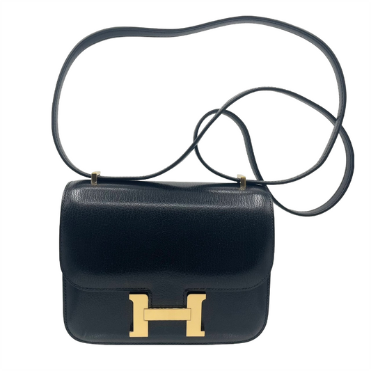 Hermes Constance Mini 18 거울, Chevre, Black, Gold Hardware, B Engraved