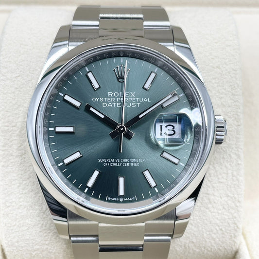 사전 소유의 롤렉스 데이트 주목 126200 민트 녹색 굴 팔찌 36mm