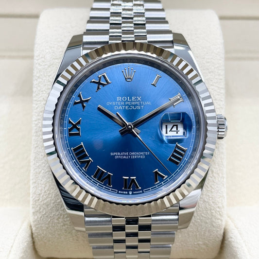 사전 소유 롤렉스 데이트 주무기 126334 Azzurro 블루 스테인레스 스틸 + 화이트 골드 희년 팔찌 41mm
