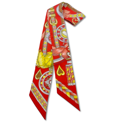 Hermes Twilly Harnais de Coeur Red Grenadine/Grease/Jaune 100% 실크