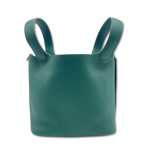 Pre-owned Hermes Picotan Lock PM Vert Moyen Taurillon Clemence Gold hardware K stamp