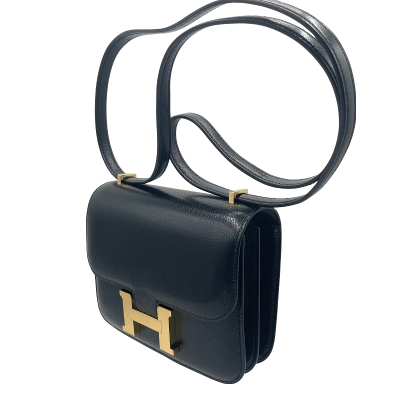 Hermes Constance Mini 18 거울, Chevre, Black, Gold Hardware, B Engraved