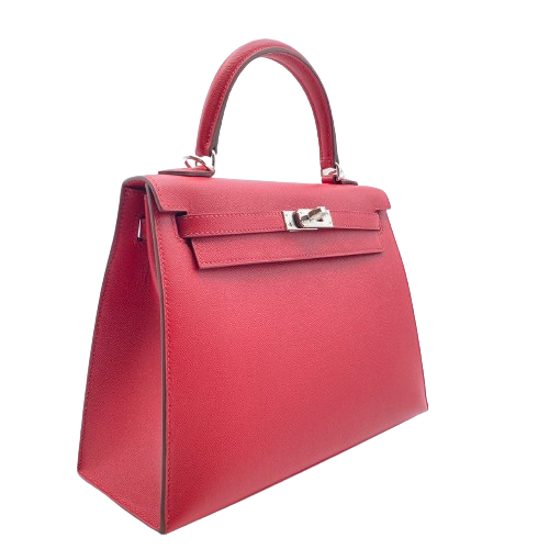 Pre-Owned Hermes Kelly 25 Serie Verso Rouge Pimant/Rose Shocking Vauge Epson Silver Fittings B Engraved