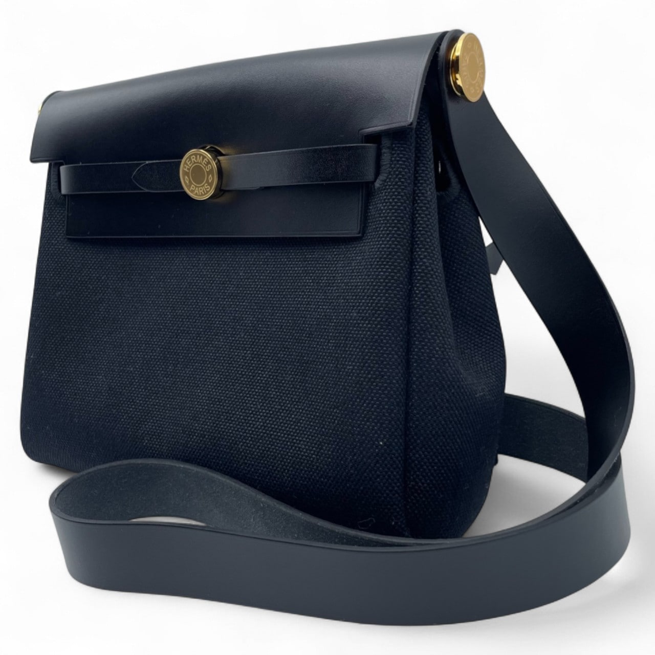 중고 에르메스 에일 백 지퍼 미니 20 느와르 투알 밀리터리/바쉬 헌터 골드 하드웨어 W 각인됨