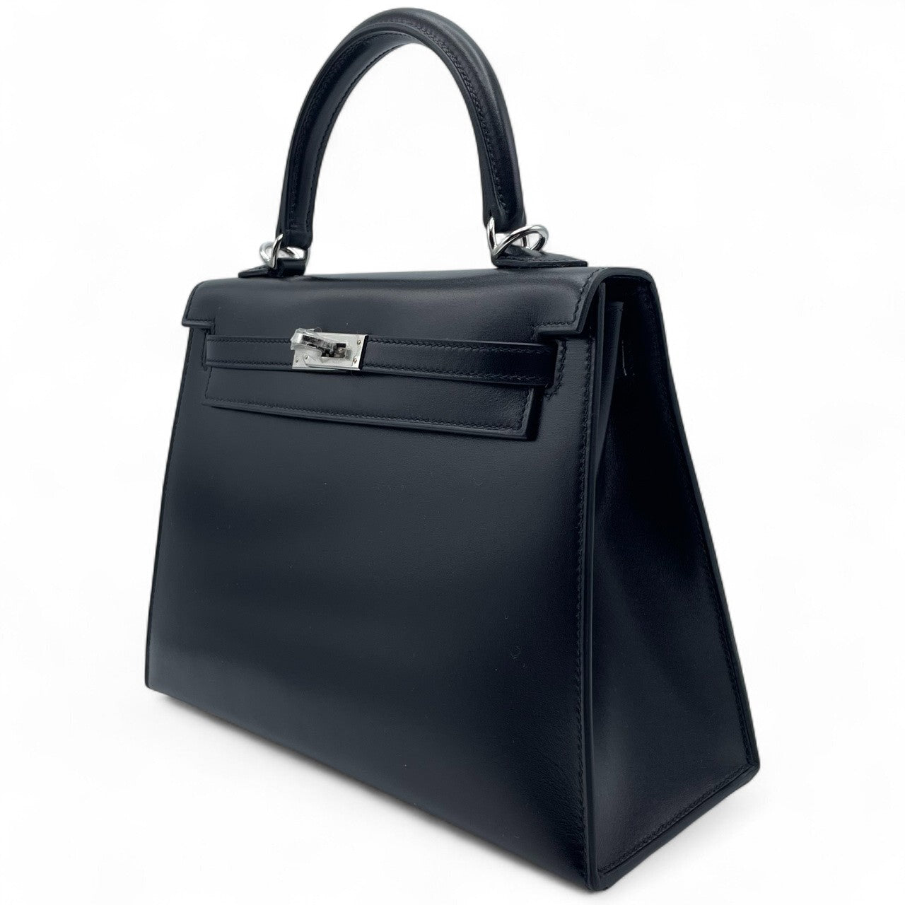 Pre-Owned Hermes Kelly 25 Noir Box Calf Silver Hardware B Engraved