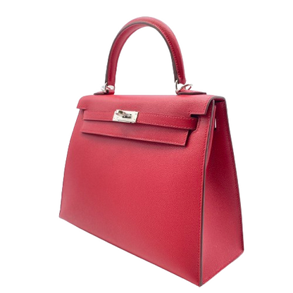 Pre-Owned Hermes Kelly 25 Serie Verso Rouge Pimant/Rose Shocking Vauge Epson Silver Fittings B Engraved