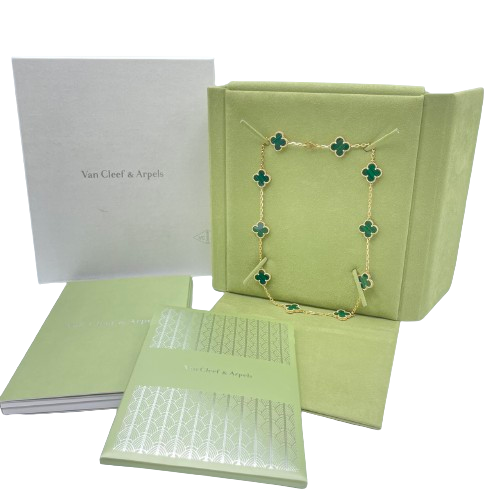 Pre-Owned Van Cleef & Arpels Vintage Alhambra Necklace 10 Motif 42cm Malachite 18K Yellow Gold