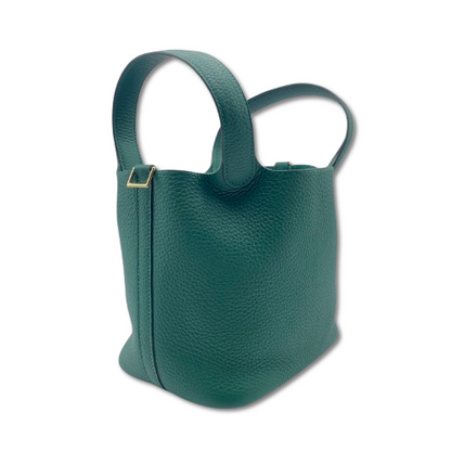 Pre-owned Hermes Picotan Lock PM Vert Moyen Taurillon Clemence Gold hardware K stamp