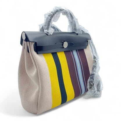 중고 에르메스 에일 백 지퍼 31 PM Rayule Noir/Ecru/Bordeaux/Jaune Toile Ash Plume/Vache Hunter 실버 하드웨어 W 각인