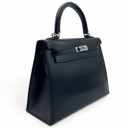 Pre-Owned Hermes Kelly 25 Noir Box Calf Silver Hardware B Engraved