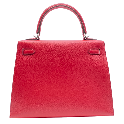 Pre-Owned Hermes Kelly 25 Serie Verso Rouge Pimant/Rose Shocking Vauge Epson Silver Fittings B Engraved