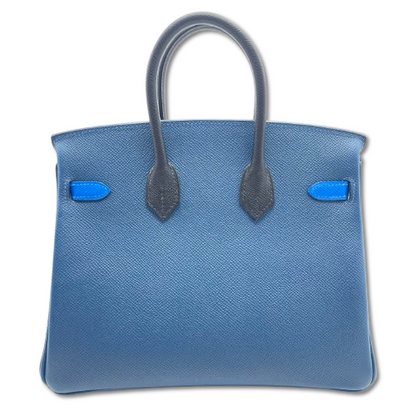 Hermes Birkin Tricolor 25 Deep Blue/Noir/Blue-Idra Epson Silver Metal Fittings w 새겨 져