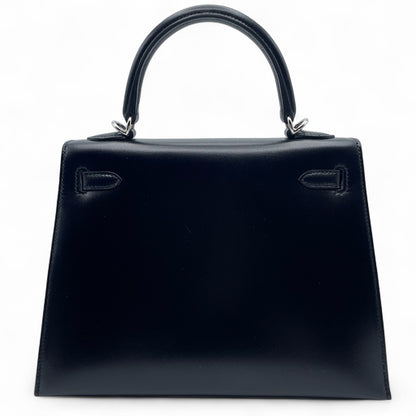 Pre-Owned Hermes Kelly 25 Noir Box Calf Silver Hardware B Engraved