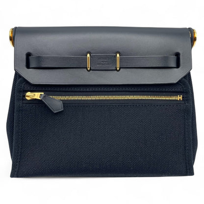 중고 에르메스 에일 백 지퍼 미니 20 느와르 투알 밀리터리/바쉬 헌터 골드 하드웨어 W 각인됨