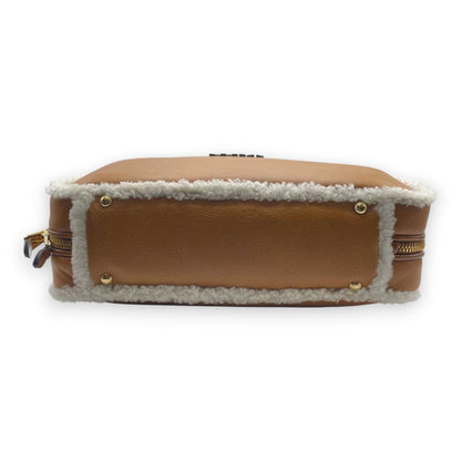 Pre-owned Miu Miu Shearling Top Handle Beau Bag 34 Cognac/Natural Sheepskin Gold Hardware