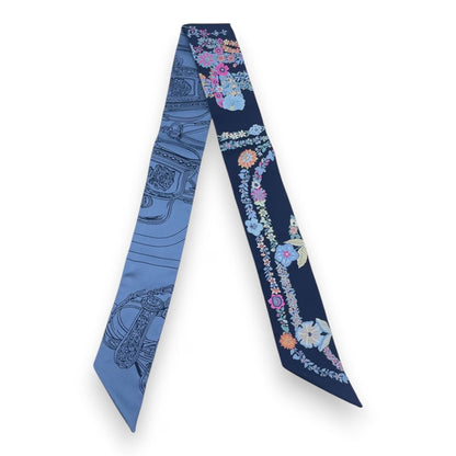 プレオウンドエルメス ツイリー ブリッド・ドゥ・ガラ・アン・フルール＆アイライナー マリン/ピンク/ブルージーン シルク100%