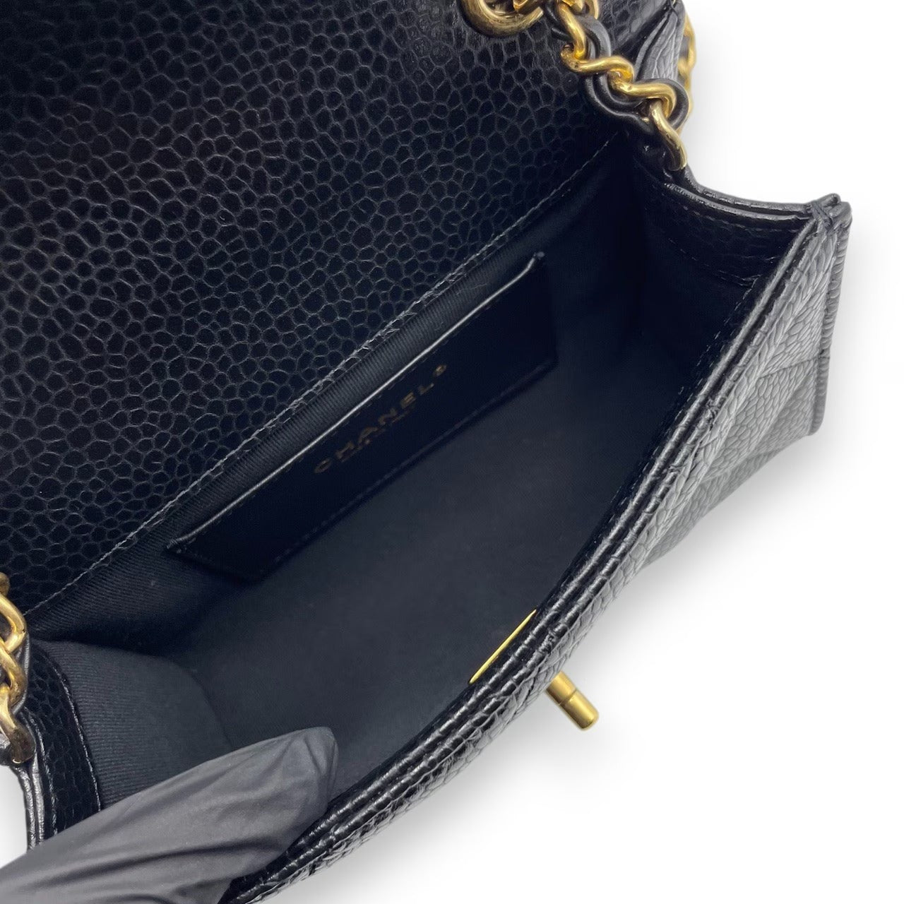 プレオウンドシャネル ミニ フラップバッグ 19 ブラック キャビアスキン ゴールド金具