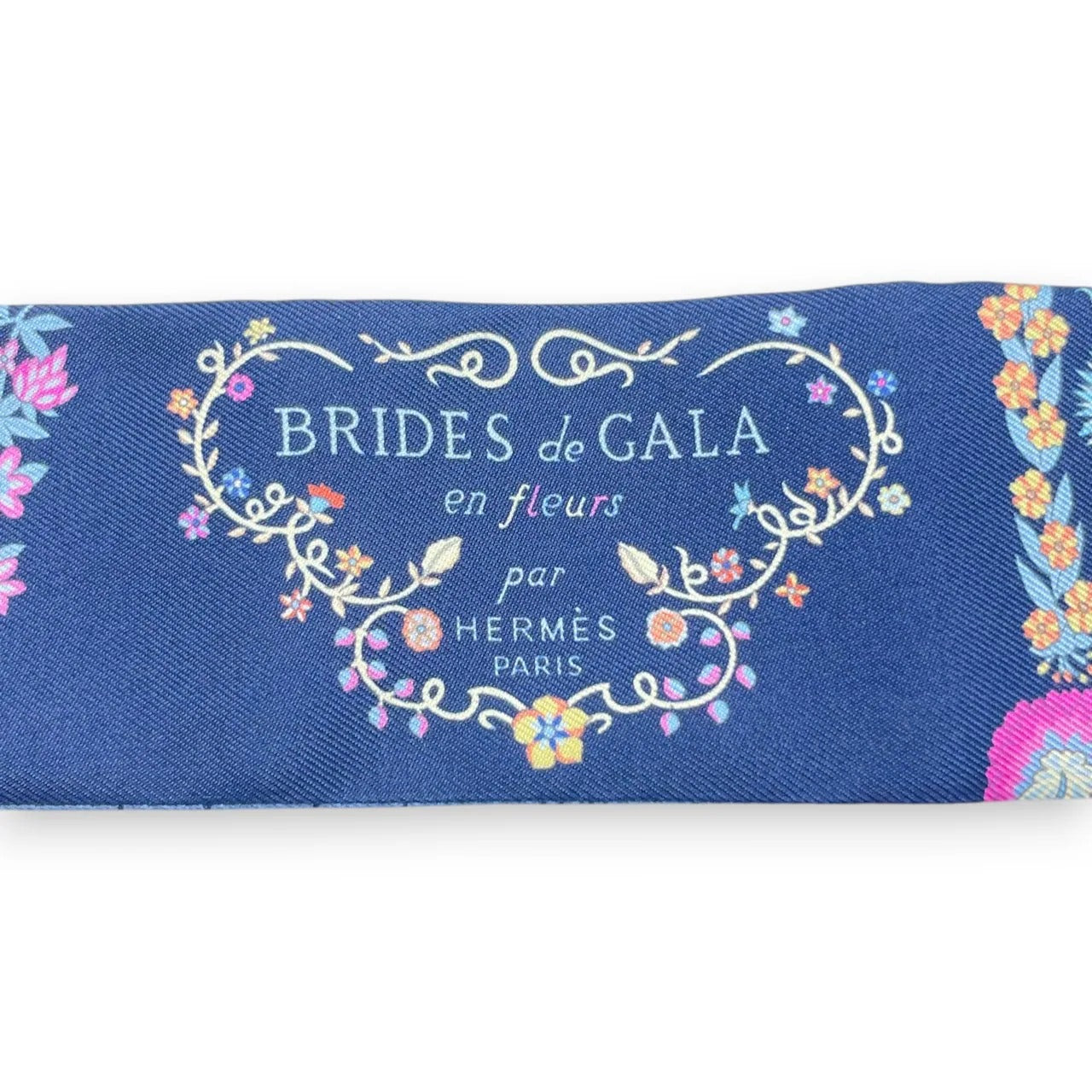 プレオウンドエルメス ツイリー ブリッド・ドゥ・ガラ・アン・フルール＆アイライナー マリン/ピンク/ブルージーン シルク100%