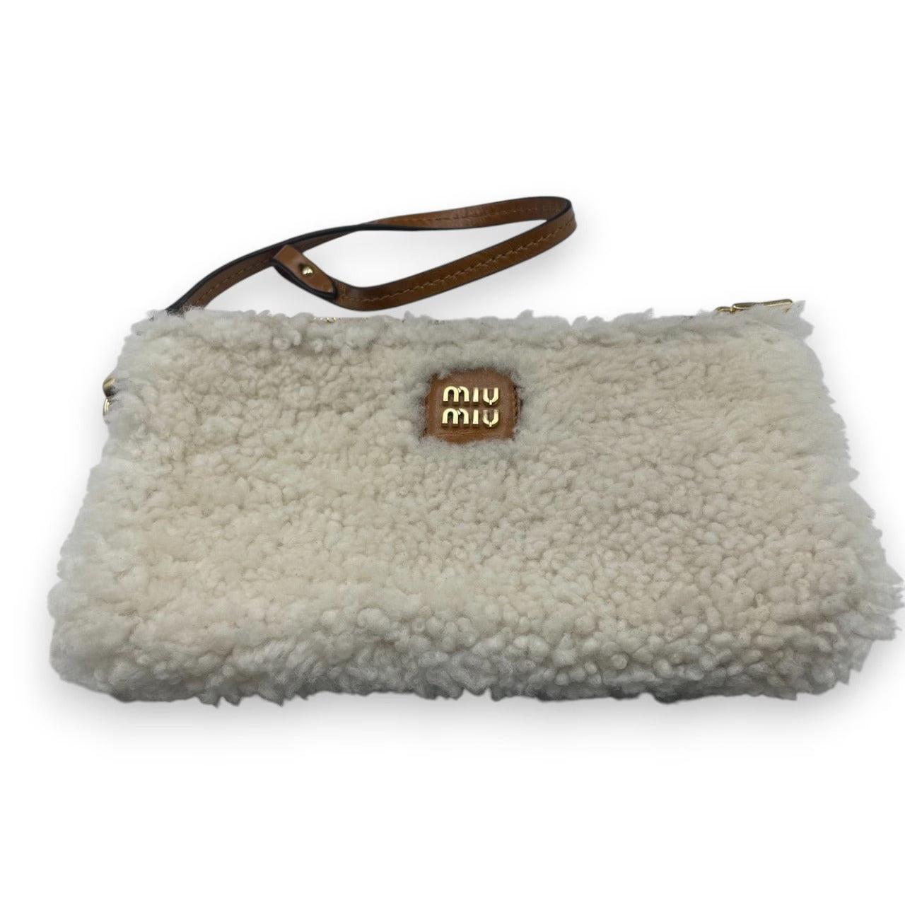 Pre-owned Miu Miu Shearling Top Handle Beau Bag 34 Cognac/Natural Sheepskin Gold Hardware