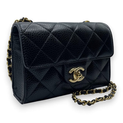 プレオウンドシャネル ミニ フラップバッグ 19 ブラック キャビアスキン ゴールド金具
