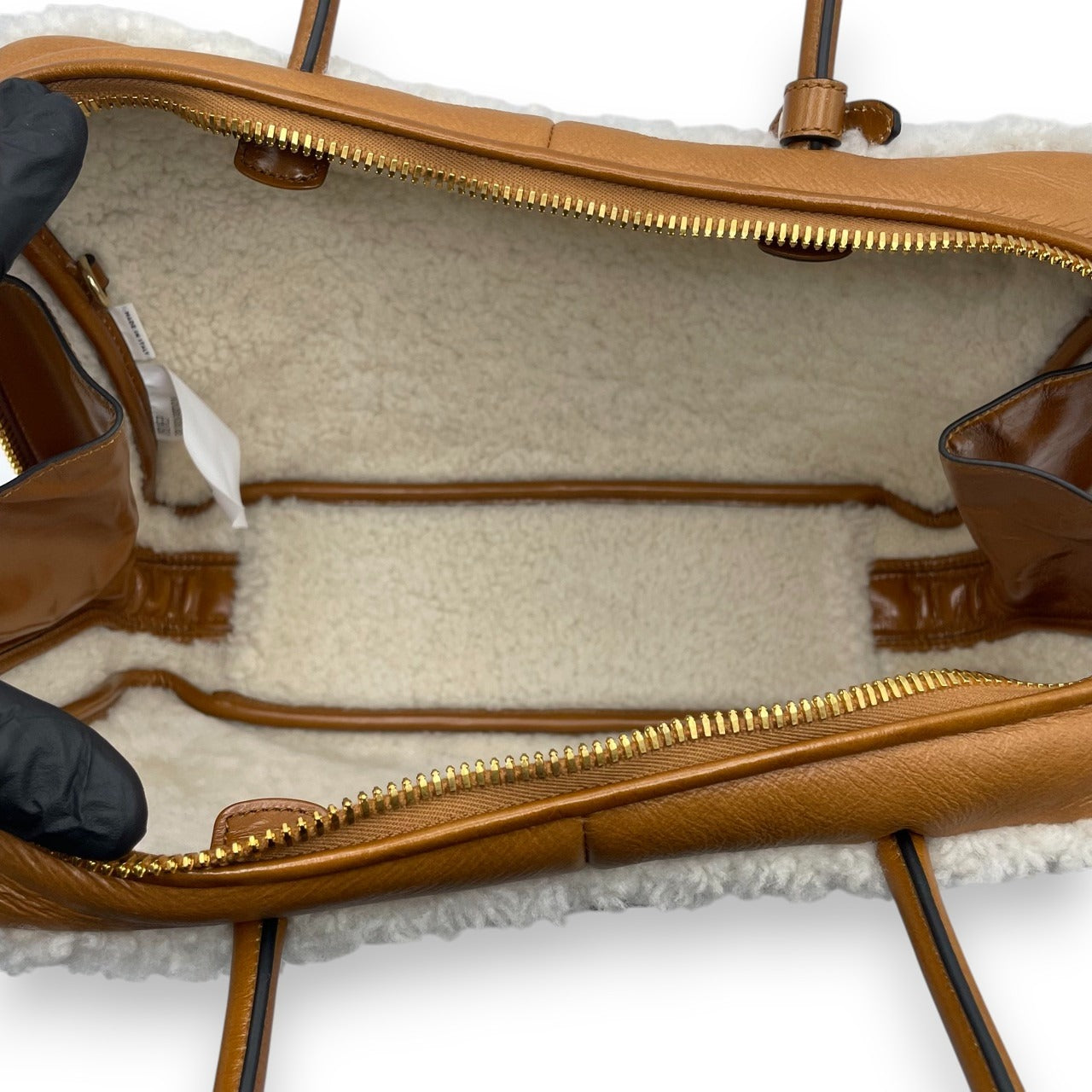 Pre-owned Miu Miu Shearling Top Handle Beau Bag 34 Cognac/Natural Sheepskin Gold Hardware