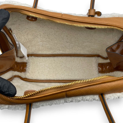Pre-owned Miu Miu Shearling Top Handle Beau Bag 34 Cognac/Natural Sheepskin Gold Hardware