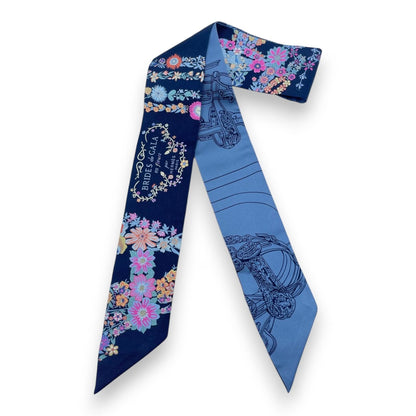 プレオウンドエルメス ツイリー ブリッド・ドゥ・ガラ・アン・フルール＆アイライナー マリン/ピンク/ブルージーン シルク100%