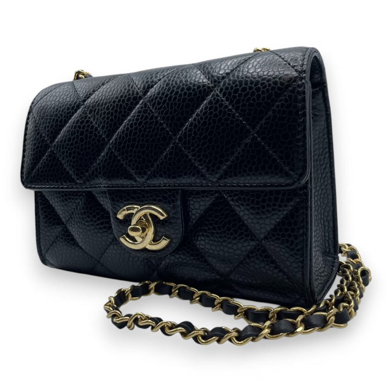 プレオウンドシャネル ミニ フラップバッグ 19 ブラック キャビアスキン ゴールド金具