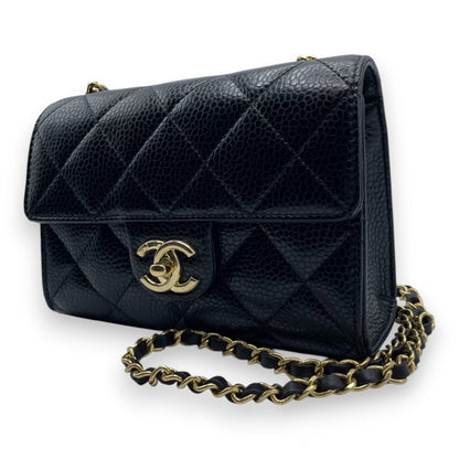 プレオウンドシャネル ミニ フラップバッグ 19 ブラック キャビアスキン ゴールド金具