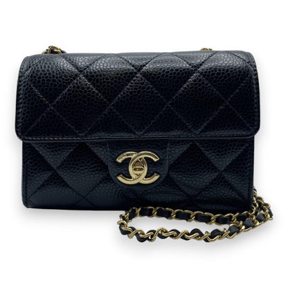 プレオウンドシャネル ミニ フラップバッグ 19 ブラック キャビアスキン ゴールド金具