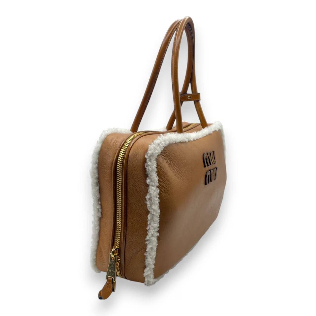 Pre-owned Miu Miu Shearling Top Handle Beau Bag 34 Cognac/Natural Sheepskin Gold Hardware