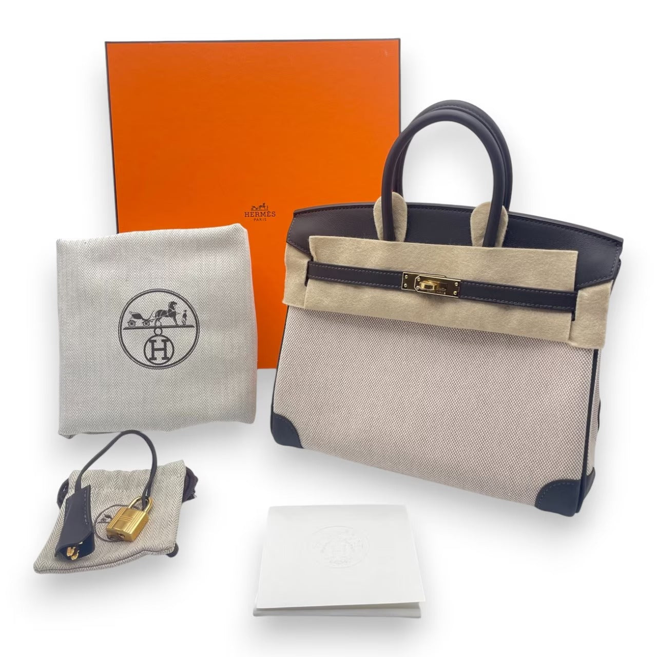 プレオウンドエルメス バーキン 25 べブラン/エクリュ スイフト/トワルアッシュ ゴールド金具 K刻印