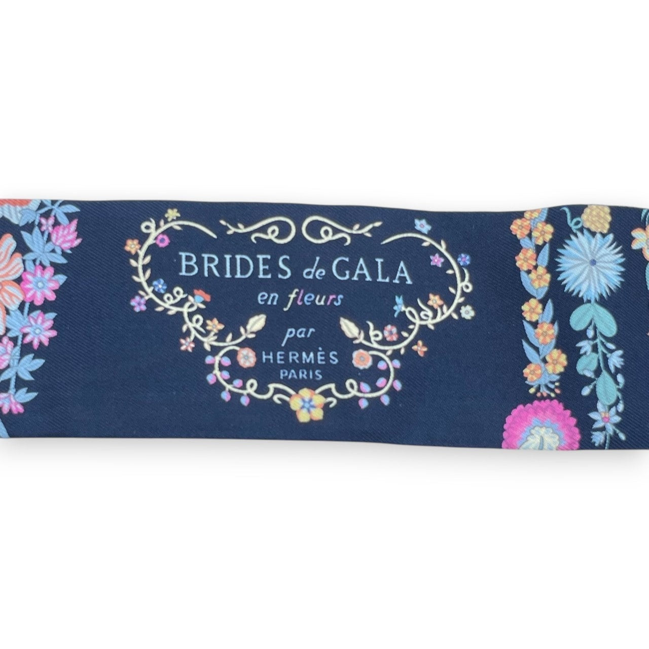 プレオウンドエルメス ツイリー ブリッド・ドゥ・ガラ・アン・フルール＆アイライナー マリン/ピンク/ブルージーン シルク100%