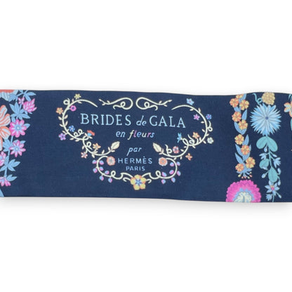 プレオウンドエルメス ツイリー ブリッド・ドゥ・ガラ・アン・フルール＆アイライナー マリン/ピンク/ブルージーン シルク100%