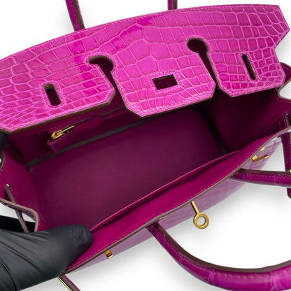 プレオウンドエルメス バーキン 25 ローズシェヘラザード クロコダイルニロティカス ゴールド金具 □P刻印